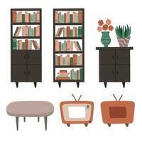 Cartoon set of bookcases, coffee table, dresser, retro TV. Wood furniture for living room interior in boho style. Hand drawn vector illustration in beige and green colors. Retro cozy home inside.