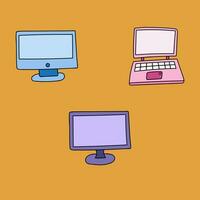 Set of cute hand drawn cartoon computers for business. Monitor, laptop with keyboard. Device for office, working at home or at cafe. Colorful vector clipart illustration isolated on the background.