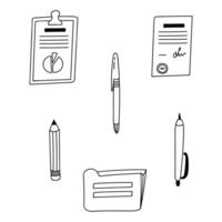 Set of cute and funny business documents, pens and pencils in doodle style. Paper in clipboard, folder, pencil for writing things down. Vector hand drawn illustrations isolated on background.