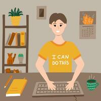 Positive boy is working before computer, typing text on keyboard. Modern business, lifestyle or educational concept. Vector illustration with young man. Office work at home or freelance.