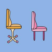 Set of cute hand drawn cartoon office chairs with comfortable and soft back, wheels and straight legs. Vector clipart illustration isolated on background.