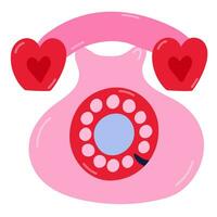 Cute retro telephone clipart with dial and hearts. Hand drawn vector illustration isolated on background. Concept of love, romance, 14 of February. For Valentine's day card, sticker, media scrapbook.