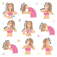 Design concept with different ways for putting styling products for Curly Girl Method. Women and girls style curly, wavy and frizzy hair using fingers, brush, gel, foam, hands. Curly hair routine. vector