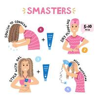 Design concept of hair care process of styling by Curly Girl Method. Woman and girls use smasters method to style and dry curly, wavy and frizzy hair. CGM in steps. Curly hair routine in infographic. vector