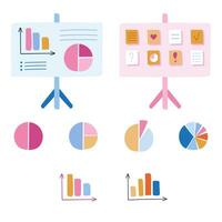 Cute hand drawn clipart set of chart, graph, flipchart, diagram. Infographic business element for presentations, statistic, reports. Vector illustration isolated o background.