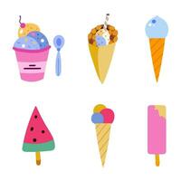 Cute and simple ice cream doodle set. Cold dessert for summer hot days. Vector illustration isolated on the background. Colorful clipart with hand drawn outline. Different shapes of ice cream