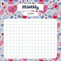 Cute scrapbook templates for planner. Notes, to do, to buy, to read with illustrations about love, romance, Valentine's day. With printable, editable illustrations. For school and university schedule vector