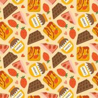 Cute and colorful vector seamless hand drawn pattern with chocolate, honey, Belgian waffle, strawberry, cheesecake. Can be used for wrapping paper, bedclothes, notebook, packages, gift paper.