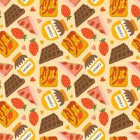 Cute and colorful vector seamless hand drawn pattern with chocolate, honey, Belgian waffle, strawberry, cheesecake. Can be used for wrapping paper, bedclothes, notebook, packages, gift paper.