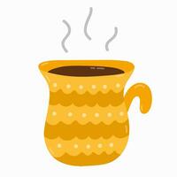 Mañana bebida en linda decorado cerámico taza. caliente café o Inglés tarde té para desayuno con vapor viniendo desde Clásico taza. vector mano dibujado clipart aislado en antecedentes. linda ilustración.