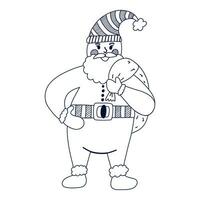 Cute hand drawn cheerful Santa Claus standing with gift bag behind his back. Smiling, happy and funny Christmas character with a lot of presents for kids for winter holiday. Isolated vector doodle.