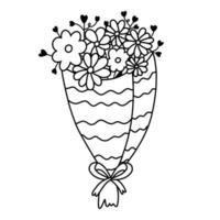 Cute bouquet with flowers and leaves in the shape of heart. Spring botanical element. Hand drawn vector doodle. Concept of love, romance. For Valentine's day card, stickers, social media, scrapbook.