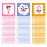 Cute scrapbook templates for planner - notes, to do, to buy, to read with illustrations about love, romance, Valentine's day. With printable, editable illustrations. For school and university schedule vector