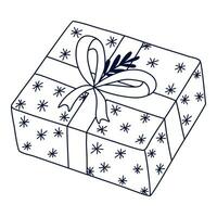 Cute hand drawn wrapped gift box with a bow. Concept of sharing, gifting, receiving gift, surprise. Present for Christmas, birthday, Valentine, party or other holiday. Isolated stylized vector doodle.