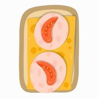 Closeup sandwich with ham, slices of cheese, tomato. American traditional breakfast with popular products. Vector hand drawn clipart isolated on background. Cute illustration. Concept of meal, food.