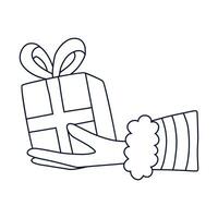 Hand giving wrapped gift box with a bow. Concept of sharing, gifting and receiving gift, surprise, Christmas, holiday. Hand drawn vector hand in the Santa suit is holding present. Isolated doodle.