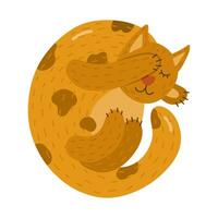 Cute cat chilling in funny pose. Kitty character sleeping and covering head with paw. Kawaii lazy kitten is perfect for print, stickers, t-shirts, greeting card. Hand drawn vector illustration.