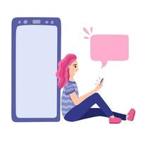 contento joven mujer sentado cerca grande teléfono con blanco pantalla, participación móvil con notificación burbuja. vacío mostrar. mano dibujado ilustración. concepto de móvil aplicación, en línea comunicación y compras. vector