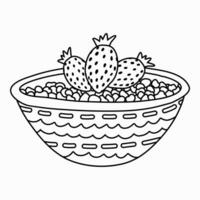 Oatmeal porridge or rice with strawberry in cute decorated ceramic bowl. Traditional English breakfast with seasonal fruit. Vegetarian and vegan food. Doodle in trendy naive style. Healthy eating vector