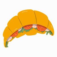 Cute hand drawn croissant in trendy naive style. Popular French bakery with salad, ham and tomato. Clipart of pastry for hearty breakfast. Vector illustration isolated on background. Cafe menu.