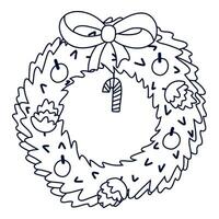 Cute Christmas wreath. Traditional decoration for Christmas eve and New Year. Holiday lush pine wreath with bow of red ribbon, candy cane, cones and Christmas toys. Hand drawn isolated vector doodle.