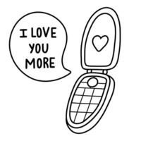 Retro flip phone doodle with message bubble with lettering I love you more. Valentine's day concept. Prefect for sticker, social media, posters, greeting card. Hand drawn isolated vector illustration