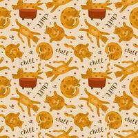 Hand drawn seamless pattern with cute cat character chilling in different funny poses and lettering. Can be used for wrapping paper, bedclothes, notebook, packages. Lazy kitten enjoying life. vector