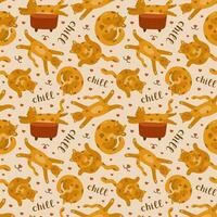 Hand drawn seamless pattern with cute cat character chilling in different funny poses and lettering. Can be used for wrapping paper, bedclothes, notebook, packages. Lazy kitten enjoying life. vector