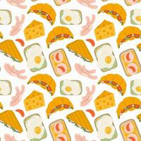 Cute and colorful vector seamless hand drawn pattern with croissant with ham and salad, cheese, sausage, toast and sandwich with egg. For wrapping paper, bedclothes, notebook, packages, gift paper.
