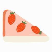 Cute hand drawn slice of strawberry cheesecake in trendy naive style. Popular dessert with seasonal berry. Delicate sweet food for breakfast. Vector clipart illustration isolated. Cafe menu.