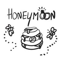 Set of bee and beehive. outline drawing. Honeymoon illustration with two rings. Vector. Black ink hand drawn style vector