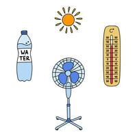 Cute, funny and colorful summer set. Doodle collection with water, electric fan, thermometer, sun. Hand drawn vector illustrations isolated on the background with outline.