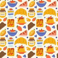 Cute vector seamless hand drawn pattern with croissant, chocolate, chia yogurt, cheesecake, pancakes and other sweet food. Can be used for wrapping paper, bedclothes, notebook, packages, gift paper.