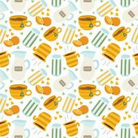 Cute and colorful vector seamless hand drawn pattern with glass of squeezed orange juice, smoothie, coffee, tea and milk. Can be used for wrapping paper, bedclothes, notebook, packages, gift paper.