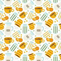 Cute and colorful vector seamless hand drawn pattern with glass of squeezed orange juice, smoothie, coffee, tea and milk. Can be used for wrapping paper, bedclothes, notebook, packages, gift paper.