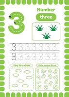 Kida activity pages. Learn numbers. Preschool worksheets. Number three. grass vector