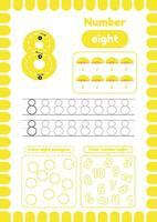 Kida activity pages. Learn numbers. Preschool worksheets. Number eight. Umbrella vector