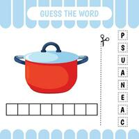 Guess the word educational learning game for preschool kids.  Saucepan. Activity page. Word puzzle. Developing worksheet. vector