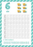 Tracing number six. Learn numbers. Count Dump cars vector