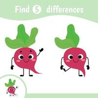 encontrar diferencias para niños. educativo juego para niños. dibujos animados vector ilustración de linda gracioso vegetales con caras. remolacha