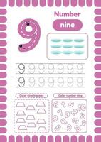 Kida activity pages. Learn numbers. Preschool worksheets. Number nine. Plate vector