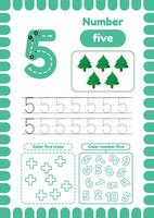 Kida activity pages. Learn numbers. Preschool worksheets. Number five. Tree vector