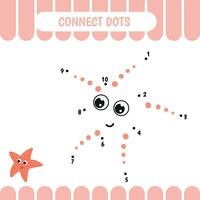 Dot to dot educational game for preschool kids. Activity worksheet. Starfish. Vector Illustration.