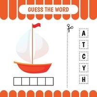 Guess the word educational learning game for preschool kids.  Yacht. Activity page. Word puzzle. Developing worksheet. vector