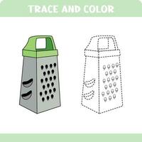 Trace and color educational worksheet for kids. Tracing objects. Activity color pages. Grater vector