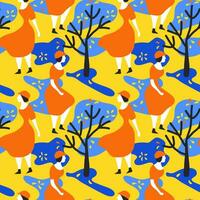 Seamless pattern with abstract girls with hats in orange dresses walking in a park where trees grow. Seamless vector with people and plants for textile or object prints