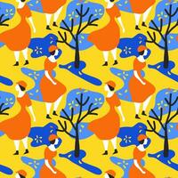 Seamless pattern with abstract girls with hats in orange dresses walking in a park where trees grow. Seamless vector with people and plants for textile or object prints