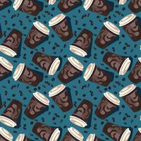 Seamless pattern with brown coffee cups and small black coffee on dark blue background for textile or subject printing vector