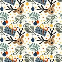 Christmas seamless pattern with gifts and reindeer and fir branches and toys in flat style. Seamless Christmas pattern in blue-green and red colors with simple shapes for printing on textile vector