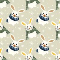 Christmas seamless template with bunnies with warm scarves. Vector template with cute animals with green and blue scarves, drawn with simple shapes, for holiday printing on textile or object